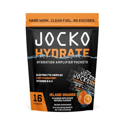 Jocko Fuel Hydrate Electrolytes Powder Packets Low Sugar - Hydration Amplifier Packets for Recovery, Dehydration, & Exercise - with Vitamins B6, B12 & C (16 Packets) Island Orange