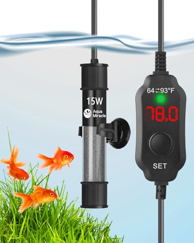 AquaMiracle Aquarium Heater 15W Fish Tank Heater for 1-3 Gal Tanks, LED Digital Display Thermostat Turtle Heater with Out-of-Water Auto Shut-Off, Overheat Protection & Memory Function - size: For 1-3 Gal Tank