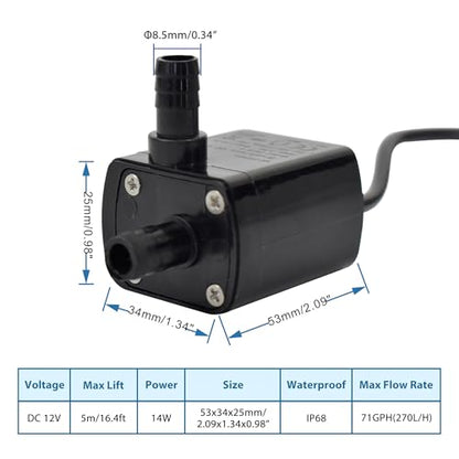 CONQUERALL 2PCS Submersible Pump DC 12V 71GPH 16.4ft 14W Small Brushless Pump for PC Water Cooling Cooler Drainage - color: 12v 14w 240l/H 5m Head, size: 2PCS