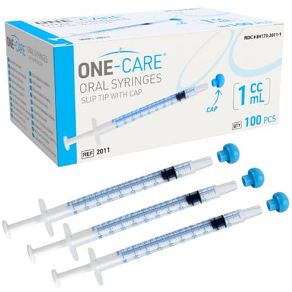 ONE-CARE 1ml Oral Syringe with Cap - Sterile, Individually Wrapped - 100 Dispensers, Slip Tip, Uses include oral administration of medicine for infants, adults and animals - size: 1ml