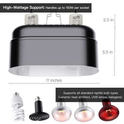Reptile Dual Light Fixture, Double Deep Dome for Reptile Light/Heat Lamp/UVB Light, Snap-on Lamp Fixture Holder for Beared Dragon/Snake/Turtle/Lizard Tank Accessories - size: Dual Deep Dome