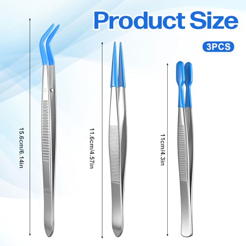 3PCS Rubber Tipped Tweezers, Blue Silicone Craft Tweezers Kit for Jewelry-Making Sticker Stamps, Metal Precision Tweezers for Crafting & Stamp Collecting Supplies