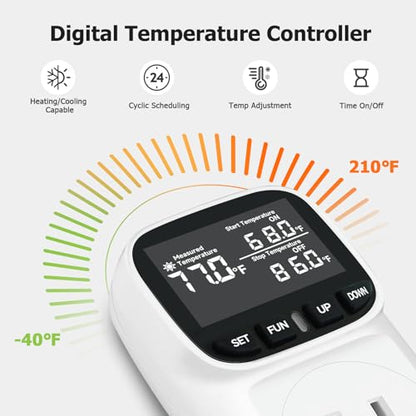 Temperature Controller 15A/1800W, Digital Timer Thermostat Outlet for Greenhouse, Reptile Tank, Heat Mat, Seedlings, Brewing, Aquarium, CyclicTiming/Countdown, VA Display,-40°F~210°F - color: White, size: White