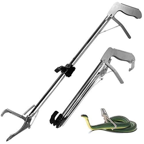 Snake Hooks Heavy Duty Snake Tongs Reptile Grabber Stainless Steel Catcher Wide Jaw with Auto Lock Blunt Teeth Collapsible Design