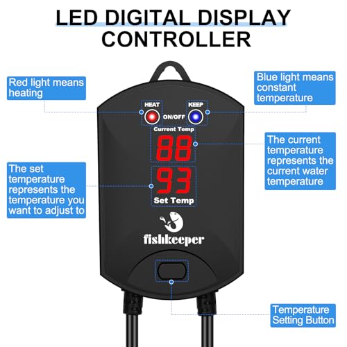fishkeeper Aquarium Heater, 500 W Adjustable Fish Tank Heater with Digital Display Controller, Submersible Water Heater with Thermostat Over-Temperature Protection for Saltwater Freshwater 66-132 Gal - size: 500W