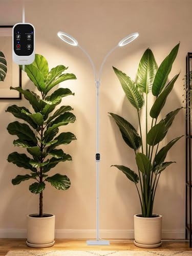 GLOWRIUM Grow Lights for Indoor Plants, Full Spectrum LED Grow Light, Stepless Dimming,3 Lighting Mode and Adjustable Height, Plant Light with 3/9/12/16H Timer (White, Dual Heads) - color: White, size: Dual Heads