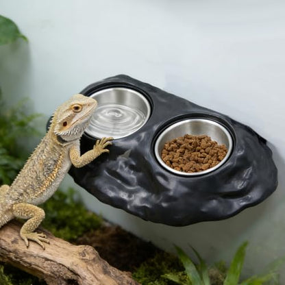 Magnetic Resin Reptile Feeding Ledge - Black Double Feeder with 8 Replacement Cups (3 Types), Strong Magnet Gecko Food and Water Dish for Crested Gecko, Chameleon, Lizard Terrarium Accessories