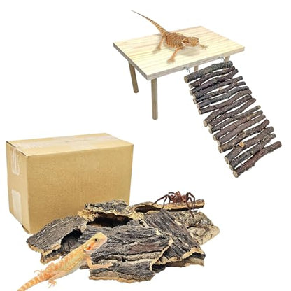 BNOSDM Reptile 16oz Cork Bark Substrate and Wooden Hideout Platform for Lizard, Gecko