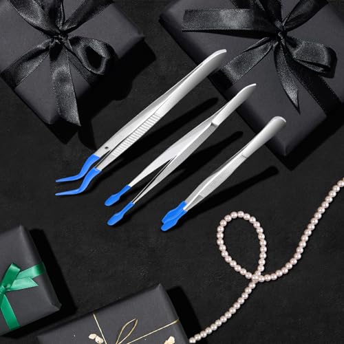 3PCS Tip Tweezers, Silicone Rubber Flat Tipped Tweezers Bent Tip for Jewelry Coin Stamp (Blue) - color: Blue