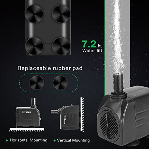 VIVOSUN 480GPH Submersible Pump(1800L/H, 25W), Ultra Quiet Water Pump with 7.2ft High Lift, Fountain Pump with 5ft Power Cord, 3 Nozzles for Fish Tank, Aquarium, Statuary, Hydroponics Black - size: 6"×4"-480