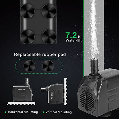 VIVOSUN 480GPH Submersible Pump(1800L/H, 25W), Ultra Quiet Water Pump with 7.2ft High Lift, Fountain Pump with 5ft Power Cord, 3 Nozzles for Fish Tank, Aquarium, Statuary, Hydroponics Black - size: 6"×4"-480