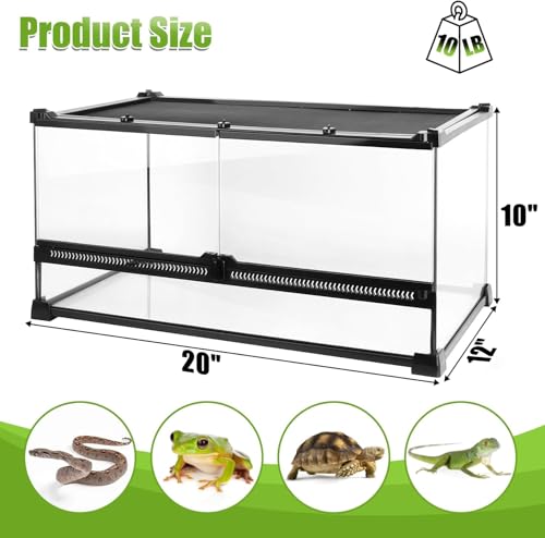 Reptile Terrarium 20"x12"x10", Full Glass Tank Enclosure for Small Reptiles, Geckos, Frogs, Lizards, Snakes, Spiders, Turtles, Rainforest Terrarium Habitat - size: 20" x 12" x 10"
