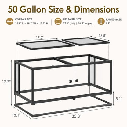 Erinnyees 50 Gallon Reptile Terrarium, Tempered Glass Reptile Enclosure with Raised Waterproof Base, Front Opening Doors, Top Screen Ventilation, Cable Outlet for Snake, Lizard, Gecko, Frog, Turtle - size: 50 Gallon