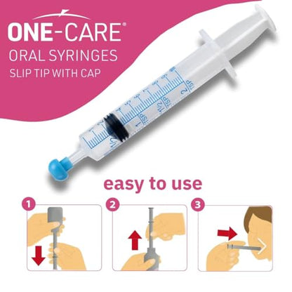 100 Pack, ONE-CARE 10ml Oral Syringe with Cap - Sterile, Individually Wrapped - (100 Syringes 10ml), Slip Tip, Uses include oral administration of medicine for infants, adults and animals - size: 10 ml Blue Scale
