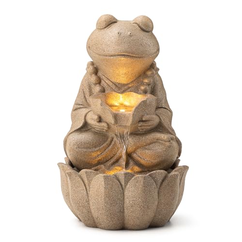 Glitzhome Outdoor Fountains and Waterfalls Zen-Style Frog Water Fountains with LED & Pump, Patio Water Fountain Yard Fountain 2 Tier Floor Waterfall for Backyard Lawn Garden Porch 22" H, Sand Beige - color: Sand Frog, size: 22"H