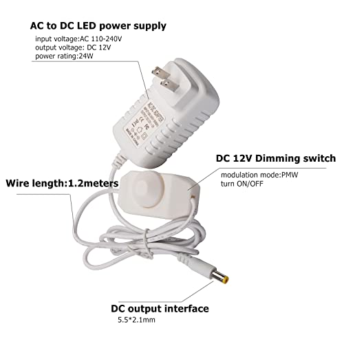 DC12V 2A Plug-in Dimmer Switch 110-240V AC to DC Converter Power Supply Adapter Wall Plug Dimming Switch ON/Off for Dimmable Lights RGB LED Strip Table Lamps (White)