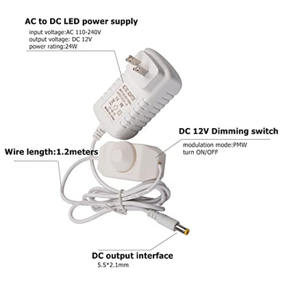 DC12V 2A Plug-in Dimmer Switch 110-240V AC to DC Converter Power Supply Adapter Wall Plug Dimming Switch ON/Off for Dimmable Lights RGB LED Strip Table Lamps (White)