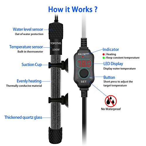 YOFOTHS Adjustable Mini Aquarium Heater 10-20 Gallons Submersible Small Fish Tank Heater 100W Digital Display Thermostat External Temperature Controller (100W) - size: 100W