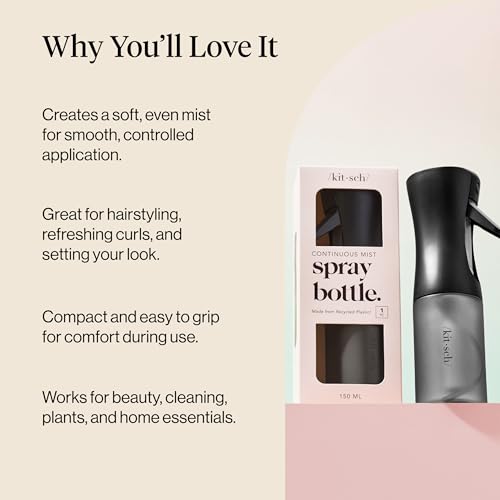 Kitsch Continuous Spray Bottle for Hair – Fine Mist Water Mister & Water Spray Bottle – Recycled Hair Spray Bottle – Spray Bottles for Cleaning, Styling, Plants & More – Black, 150ml - color: Black
