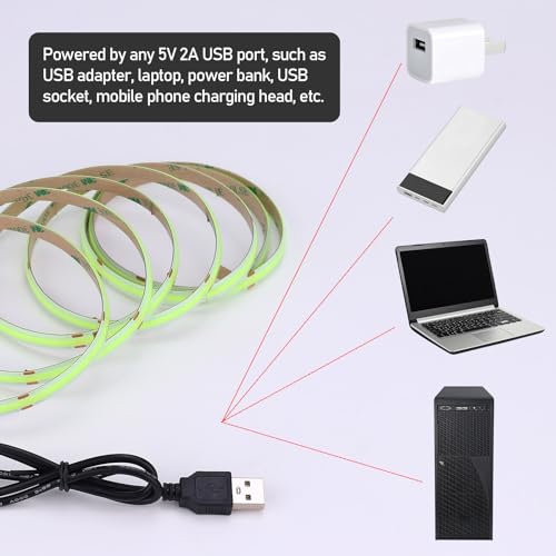 DC 5V USB COB Green LED Strip Light Dimmable IP65 Waterproof USB Powered 6.6ft/2M 640LEDs with Dimmer High Brightness Flexible LED Tape Lights - color: Green