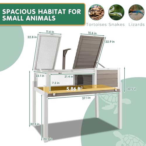 Tortoise Habitat Tank Indoor Outdoor, Wooden Tortoise House with Detachable Legs, 2-Room Reptile Turtle Enclosure Cage for Small Animals, Lamp Holder,Leakproof Tray, Grey - size: 37.0"L x 23.0"W x 32.0"H