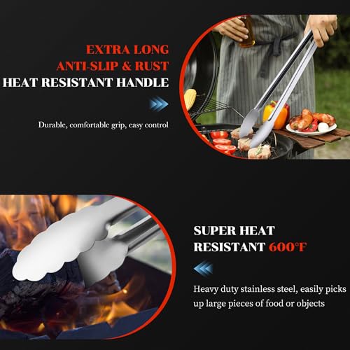 Grill Tongs - 12 Inch & 17 Inch Extra Long BBQ Tongs, Heat Resistant Stainless Steel Kitchen Tong, Heavy Duty Metal Locking Tong for Cooking, Grilling, BBQ/Barbecue, Food (All Metal - 12"+17") - color: All Metal - 12"+17"