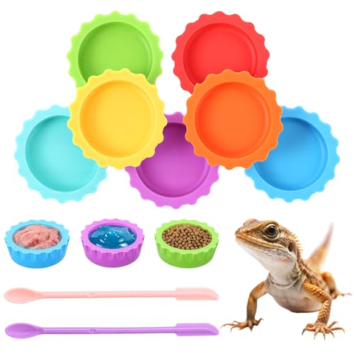 9 PCS Crested Gecko Food and Water Bowl Reusable Small Reptile Feeding Dish Gecko Tank Accessories for Hermit Crab Tarantula Isopods Lizard Easy Clean Silicone 7 Colors Includes Spoon