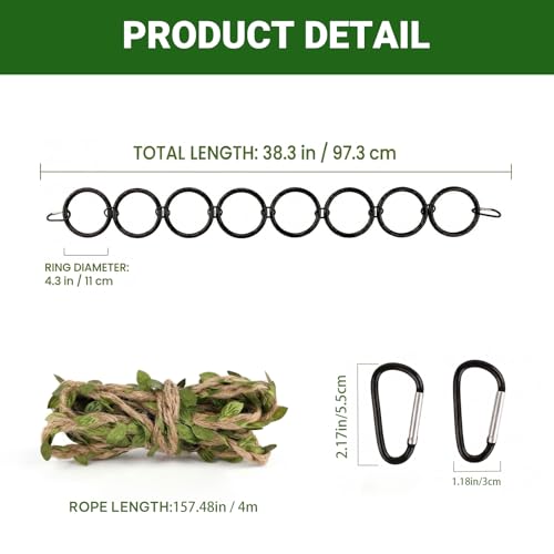 Snake Climbing Rings, 8 Rings Snake Climbing Chain with 2 Carabiners and Rope, Corn Snakes Enrichment Toys for Terrarium, Bearded Dragon, Chameleon, Lizard, Parrot,Reptile (38.3x4.3 in)