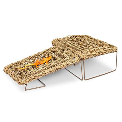 Bearded Dragon Hammock, Seagrass Reptile Basking Platform with Foldable Metal Frame, Collapsible Habitat Accessory for Leopard Gecko, Snake, Frog, Crab (2-Pack)