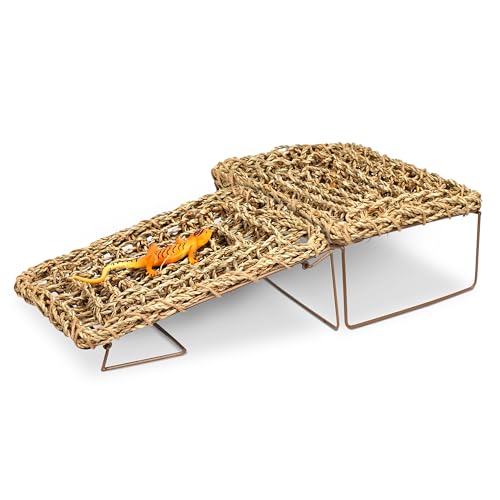 Bearded Dragon Hammock, Seagrass Reptile Basking Platform with Foldable Metal Frame, Collapsible Habitat Accessory for Leopard Gecko, Snake, Frog, Crab (2-Pack)