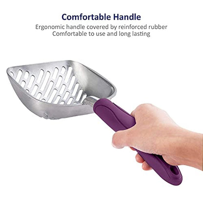 WePet Cat Litter Scoop, Aluminum Alloy Sifter, Kitty Metal Scooper, Deep Shovel with Diagonal Sifting Hole, Long Handle, Kitten Poop Lifter for Litter Box, Medium Size, Violet Handle - color: #07 Violet, size: Medium