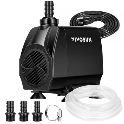 VIVOSUN 1050 GPH 100W Submersible Water Pump, Quiet Fountain Pump With 13.1 ft Head Lift, 6.6 ft Power Cord, 3 Nozzles, Tubing, & 2 Clamps, For Fish Tank, Pond, Aquarium, Hydroponics - size: 8"×6"-1050