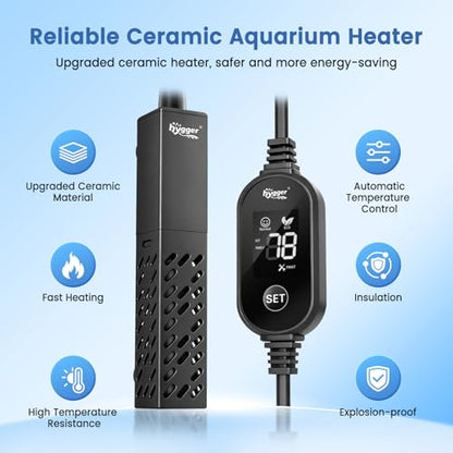 hygger Aquarium Heater, Upgraded Ceramic 50W Small Fish Tank Heater with Digital LED Controller, Fast Heating, Precise Temperature Control, Turtle Tank Heater for Freshwater/Saltwater - size: 50W