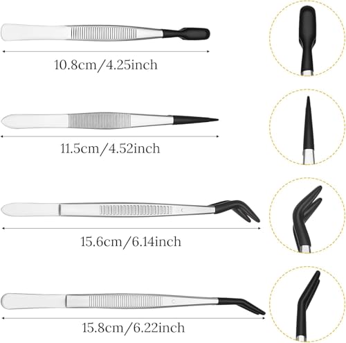 4 Pcs Rubber Tipped Tweezers For Crafting | Plastic Tweezers, PVC Coated, Soft Rubber Tip, Non Marring, For Crafts Stamps Beads Jewelry
