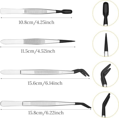 4 Pcs Rubber Tipped Tweezers For Crafting | Plastic Tweezers, PVC Coated, Soft Rubber Tip, Non Marring, For Crafts Stamps Beads Jewelry