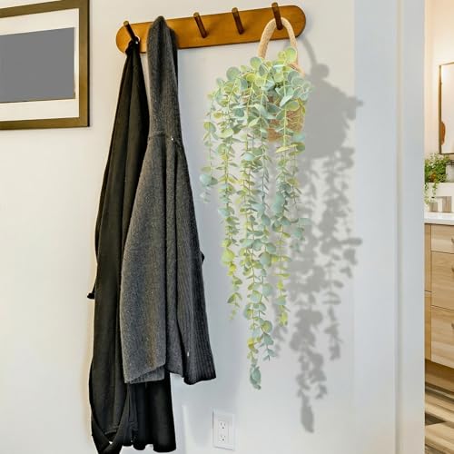 Fake Hanging Plant Decor Indoor, Eucalyptus Artificial Faux Plants in Wall Woven Planters, Jute Hanger with Black Pot Soft Green 2PCS 23Inch Long - size: Jute Hanger-2PCS