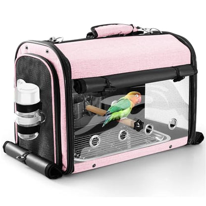 Bird Carrier Bag Bird Travel Cage with Stand, Lightweight Backpack for Parrot, Portable Bird Travel Bag, Pet Transparent Breathable Travel Cage, Pink - size: Large-Pink