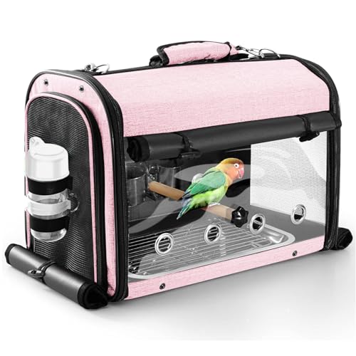 Bird Carrier Bag Bird Travel Cage with Stand, Lightweight Backpack for Parrot, Portable Bird Travel Bag, Pet Transparent Breathable Travel Cage, Pink - size: Large-Pink