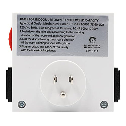 Grow1 Dual Outlet Mechanical Timer 24 Hour Hydroponics Grow Light Timers Electrical Outlets, Universal Wall Plug 3-Prong Grounded Outlet, UL Listed, 120v