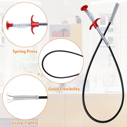 Hair Drain Clog Remover 7-Piece Set | 6x25” Plastic Sink Snake + 1x35” Stainless Steel Plumbing Snake | Drain Cleaner for Shower, Tub, Kitchen Sink & Toilet (35inch, Black+Orange) - color: Black+Orange, style: 35inch