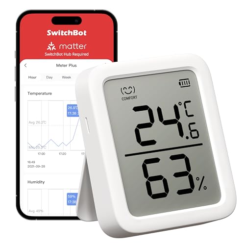 SwitchBot Thermometer Hygrometer, Bluetooth Indoor Humidity Meter for Home, Temperature Sensor with App Control, Large LCD Display, Notification Alerts, 2-Year Data Storage Export - color: SwitchBot Meter Plus 1 pack, white