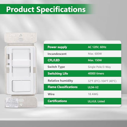 Wengart Dimmer Switch BAK-008,120VAC 150W Dimmable LED/CFL Lights,Halogen and Incandescent Bulbs 600W Max,UL Listed,White