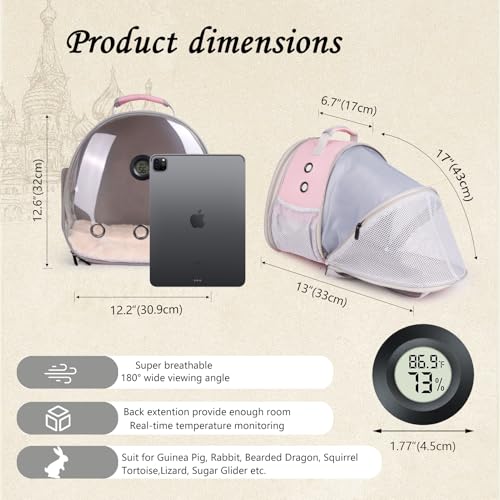 Bearded Dragon Travel Backpack Carrier with Reptile Thermometer and Humidity Gauge Lizard Travel Cage Space Capsule Clear Bubble Window Astronaut Reptile Bag for Ball Python (Pink, BE Backpack) - color: Pink, size: 11.8"L x 7.2"W x 11.8"H