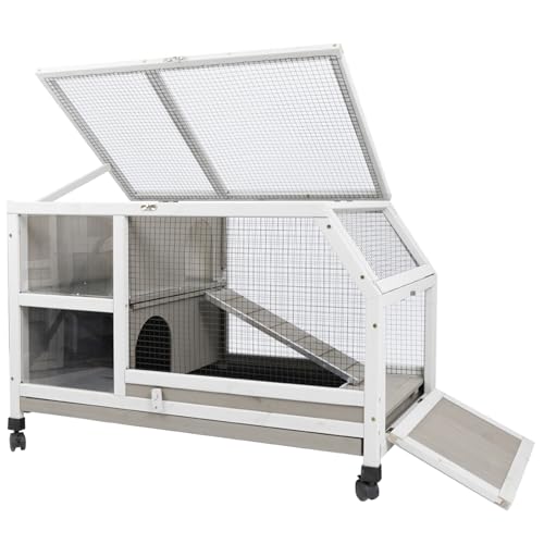 Gowoodhut Indoor Rabbit Hutch - 36''L Outdoor Wooden Bunny Hutch with Wheels Rabbit Cage Guinea Pig Cages Removable Pull Out Tray, Ramp, Hideout, Small Animals Pet House Hamster Ferret for Bunny Cage - size: 36.0"L x 21.0"W x 21.7"H