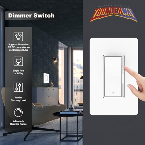 ThunderWay Decorator Digital Dimmer Light Switch with Indicator, Single Pole/ 3-Way for 300W Dimmable LED, CFL and 700WIncandescent Bulbs Screwless Wall Plate Included ETL Listing White 1PACK
