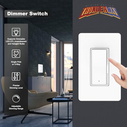 ThunderWay Decorator Digital Dimmer Light Switch with Indicator, Single Pole/ 3-Way for 300W Dimmable LED, CFL and 700WIncandescent Bulbs Screwless Wall Plate Included ETL Listing White 1PACK
