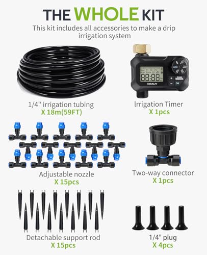 HIRALIY 59FT Drip Irrigation Kit with Water Timer, Quick-Connect Garden Watering System with 15 Adjustable Misting Nozzles, 1/4 in Tubing for Greenhouse, Hanging Plants & Raised Beds - size: 59 feet