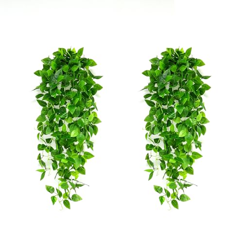 Fake Hanging Plants 2pcs Artificial Hanging Plant for Indoor Outdoor Faux Pothos Vines Greenery Garlands for Wall Home Aesthetic Patio Kitchen Living Room Farmhouse Shelf Office Decor (No Baskets)