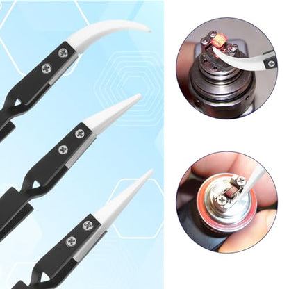 6 Pcs Precision Reverse Ceramic Tweezers Black Non-Conductive Solder Tweezer Anti-Magnetic Pointed & Curved Tips Heat-resistant Tweezer Set for Solder Pinching Coils