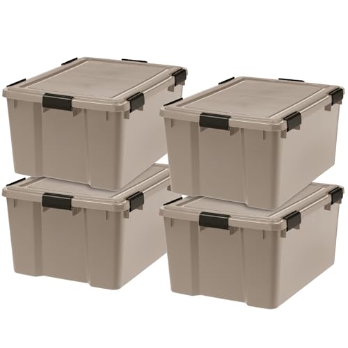 IRIS USA 4-Pack WeatherPro Gasket Box, 63 Quart Weather Resistant Storage Bins with Latching Lids, Heavy Duty Organizing Containers for Closet, Bathroom, and Office - Tan - size: 63 Qt. - 4 Pack